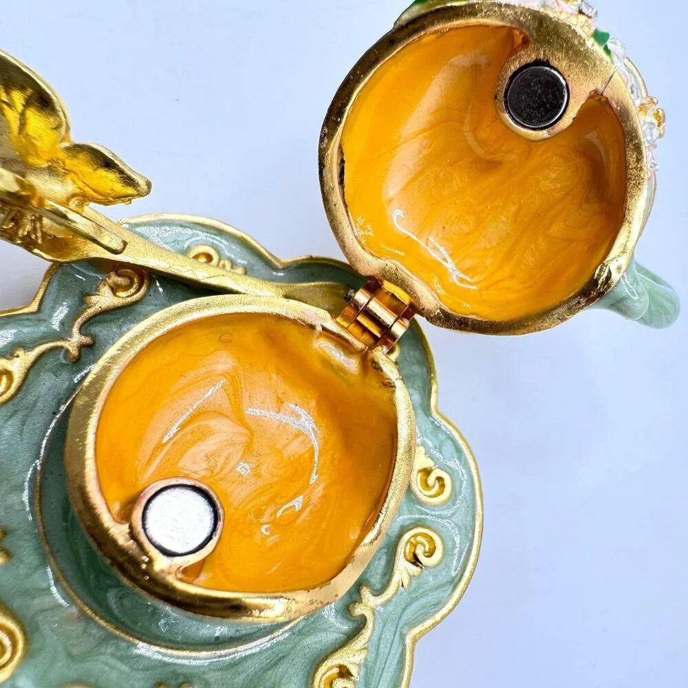 Ornate Tea Cup Jewelry Box Gold Rhinestone Embellishments Butterfly Green